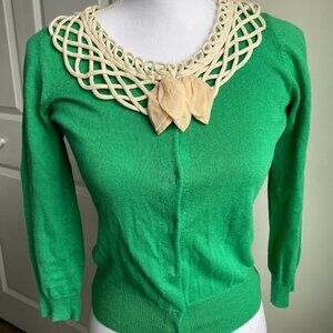 Anthropologie Green Cashmere Blend Cardigan With Lattice Collar